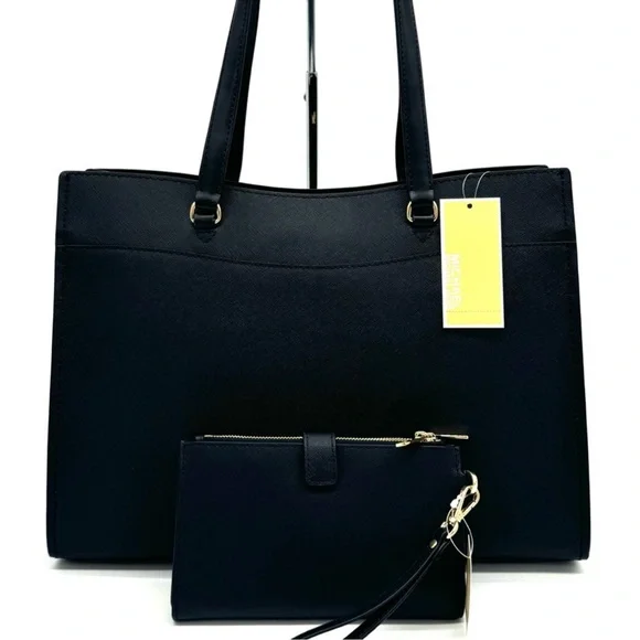 Michael Kors Large MF Pocket Shoulder Tote Bag & Double Zip Wallet Black/Gold